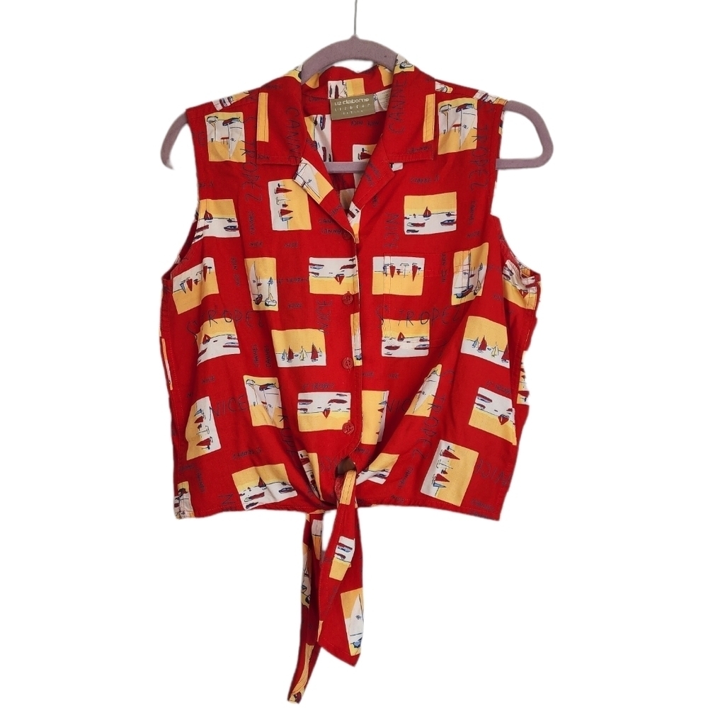 Liz Claiborne Red Collared V Neck Sleeve Less Waist Tie Women's Top Size MP